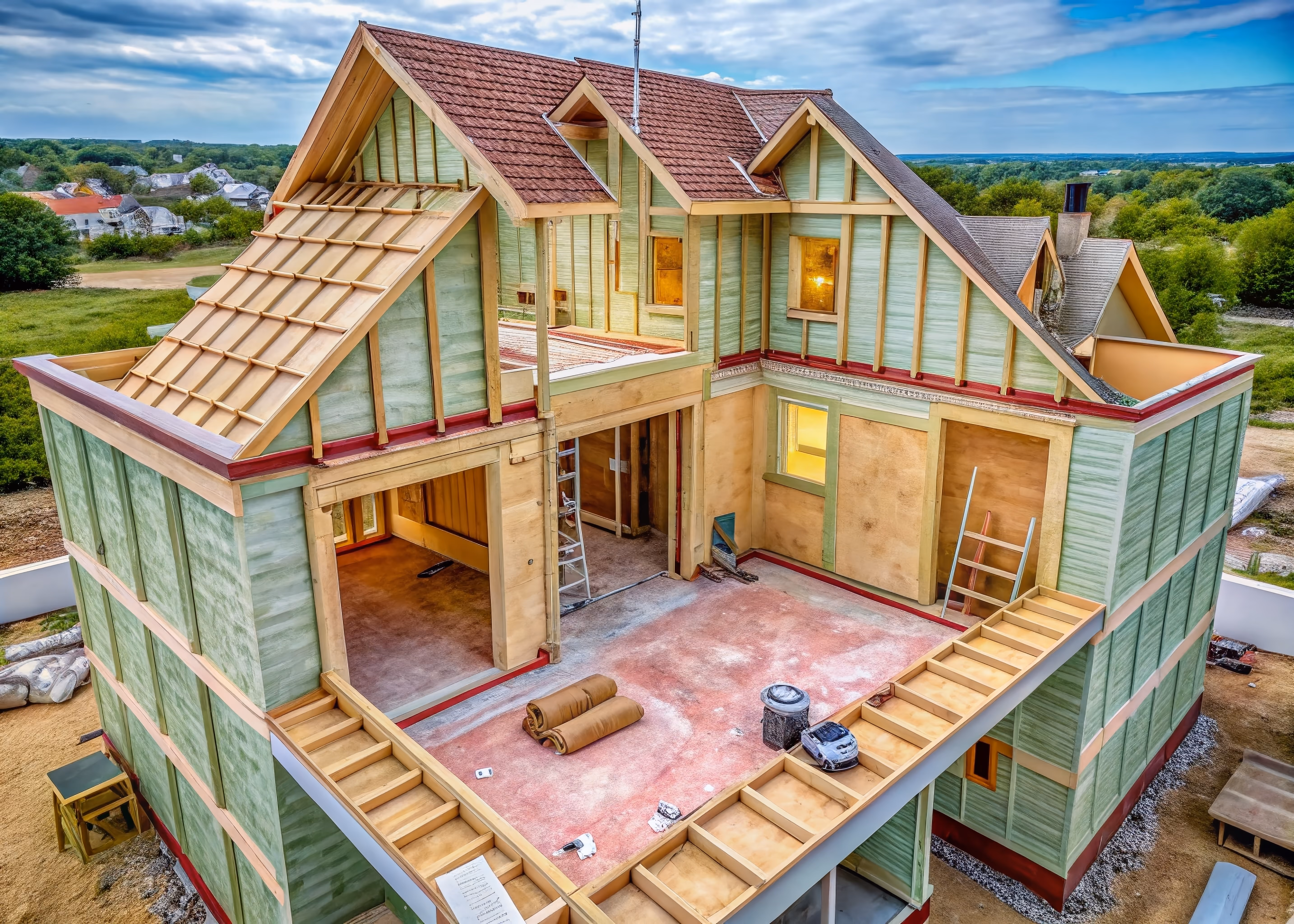 Partially built house showing exposed framing and open walls during construction.