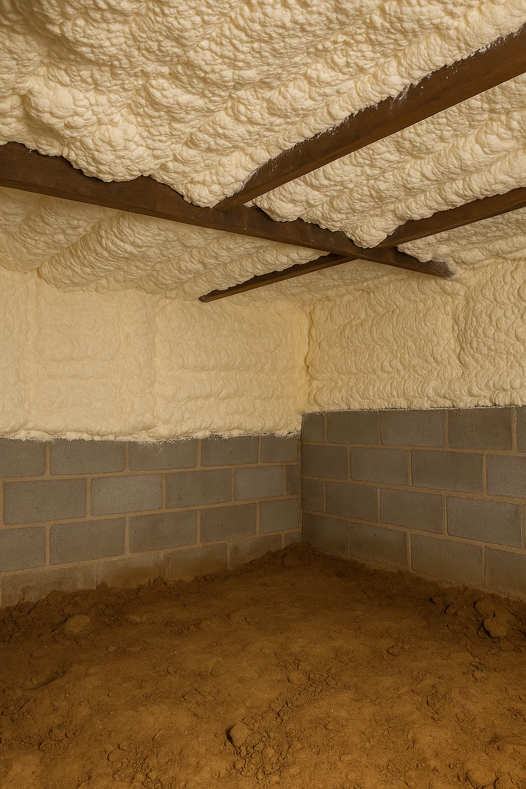 Spray foam insulation applied to crawlspace ceiling and walls above concrete block foundation.