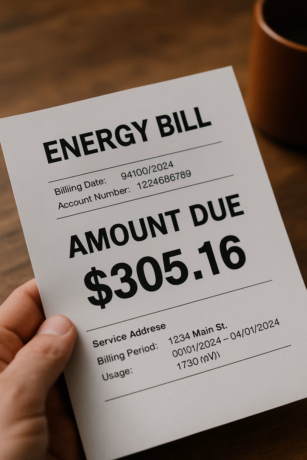 Close-up of a hand holding an energy bill with an amount due of $305.16 and details including billing date, account number, service address, billing period, and usage.