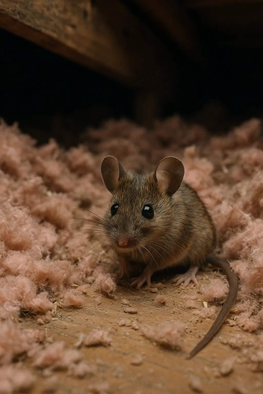 Brown house mouse sitting on attic insulation material under wooden beams.