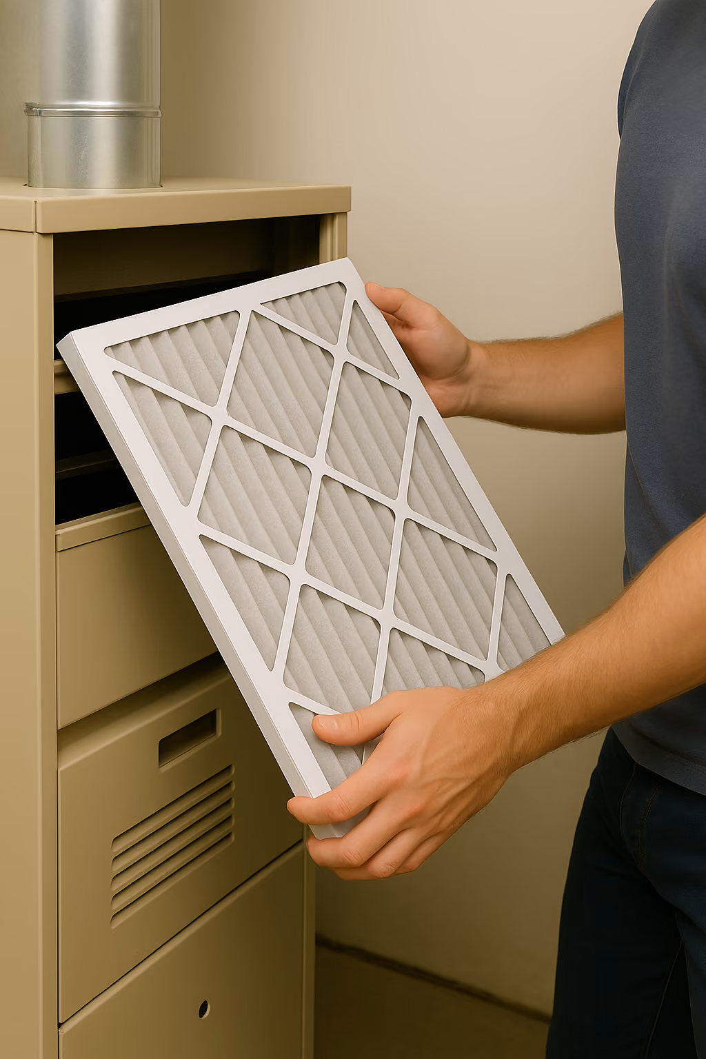 Person replacing a pleated air filter in a beige furnace unit.