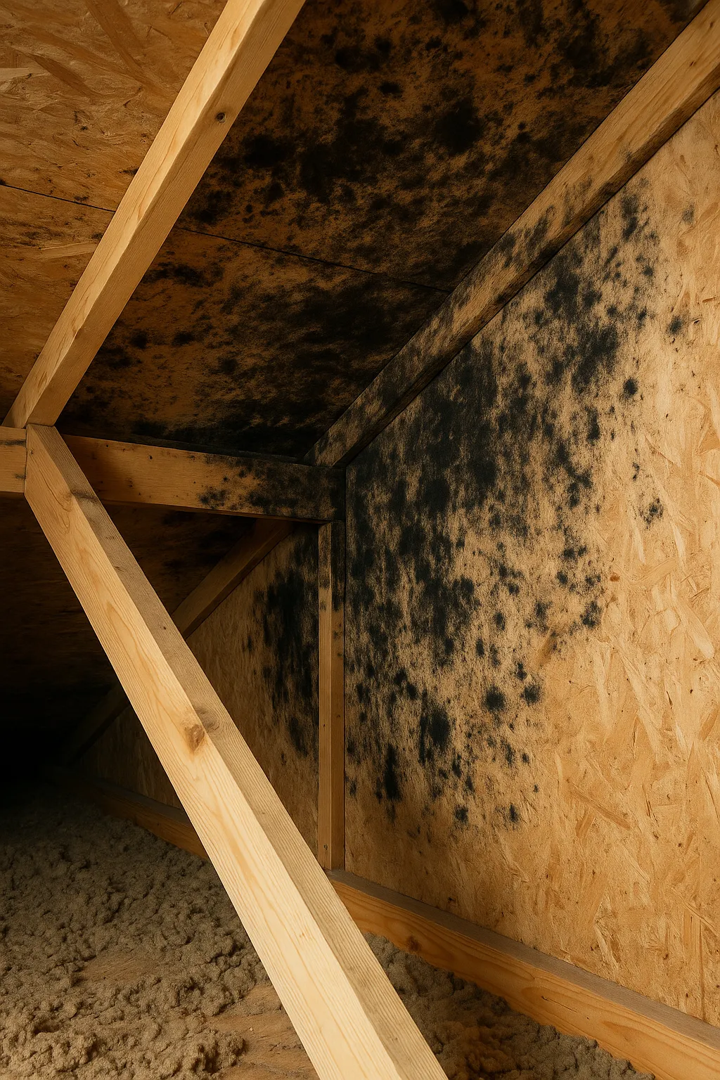 Black mold growing on wooden panels inside an attic with nearby insulation material.