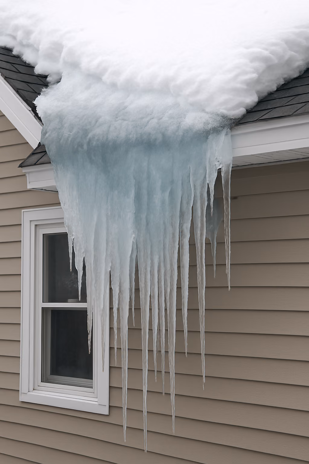 Large ice dam with long icicles hanging from a snow-covered roof edge above a window on a beige house.