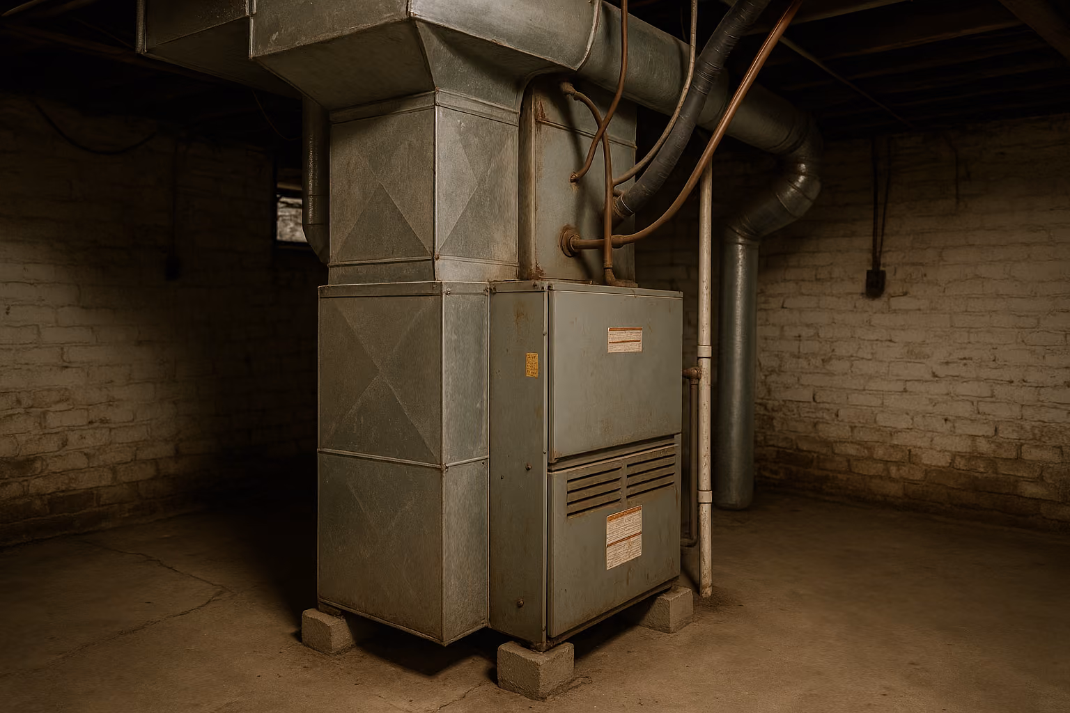 Old metal HVAC unit with ducts and pipes installed on a concrete floor in a dim basement with brick walls.