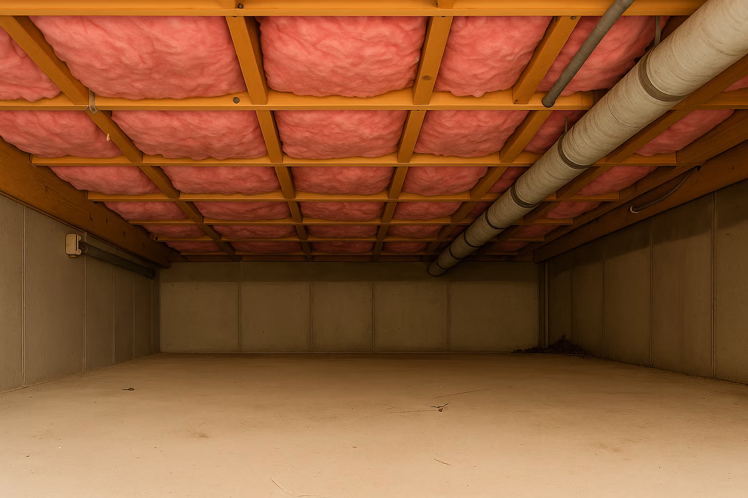 Basement ceiling with pink fiberglass insulation installed between wooden joists and a large air duct running along the ceiling.