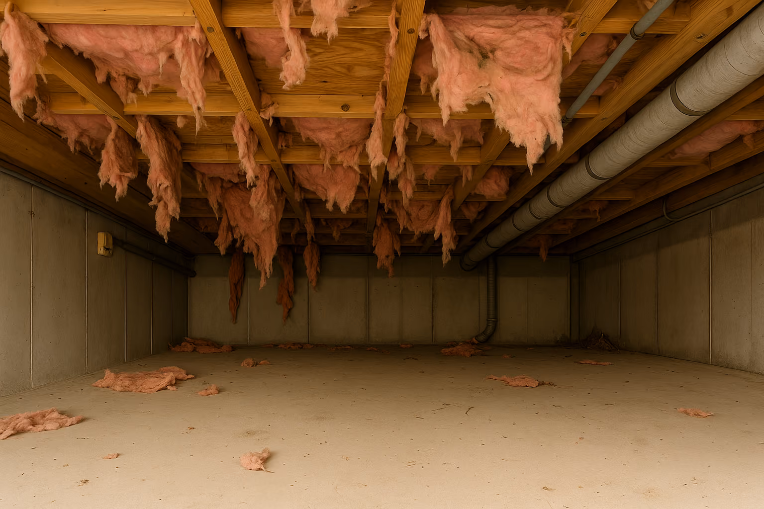 Exposed fiberglass insulation hanging from unfinished basement ceiling with open floor joists and concrete floor.