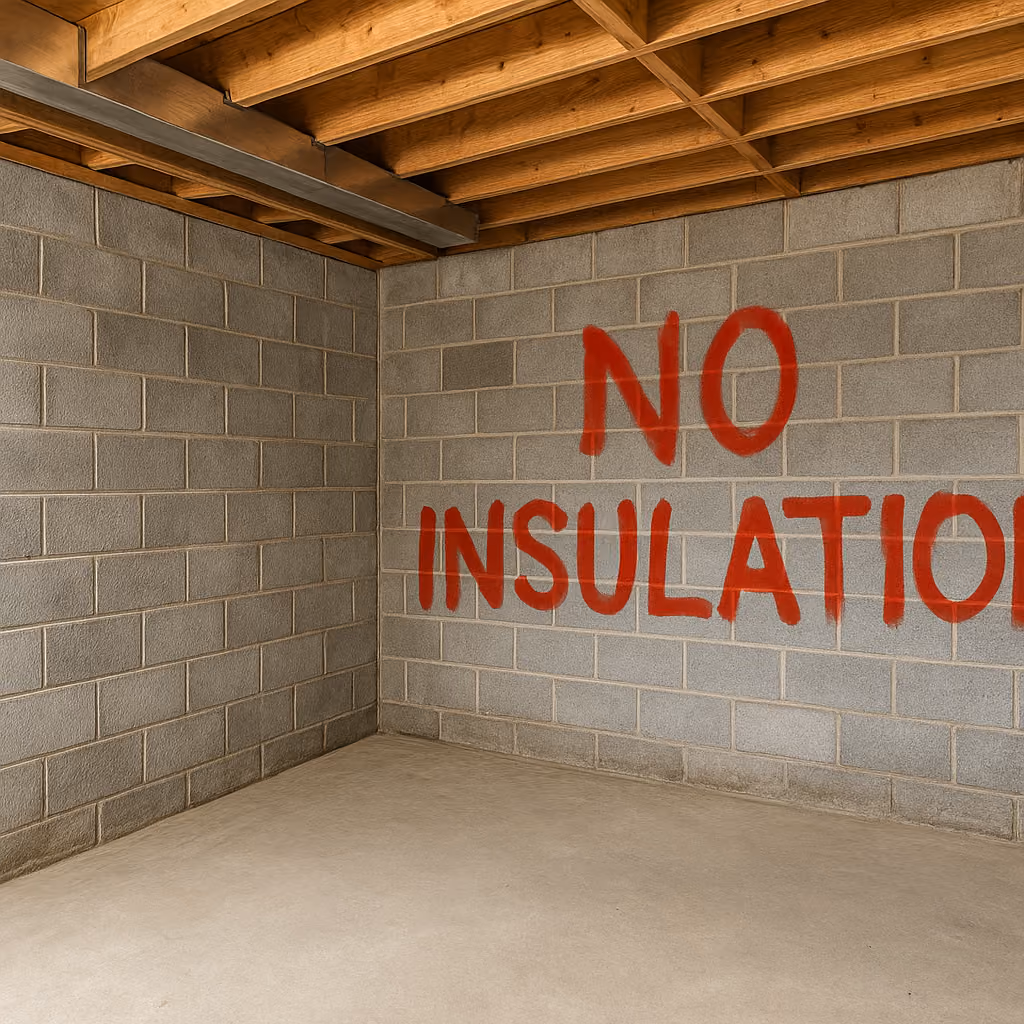 Empty basement corner with concrete block walls and wooden ceiling beams, with red spray-painted text reading 'NO INSULATION'.