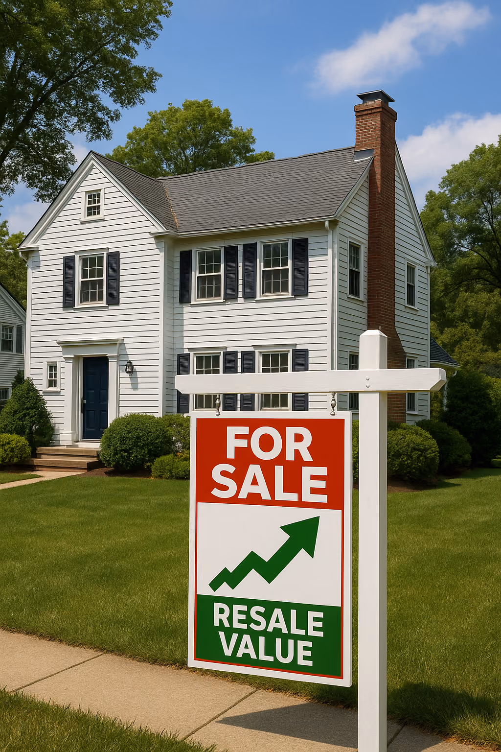 White two-story house with dark shutters and a brick chimney behind a 'For Sale Resale Value' sign with an upward trending arrow.