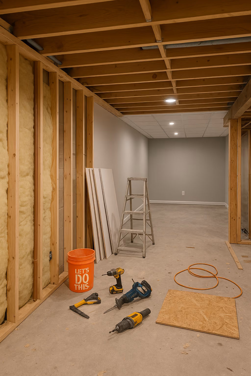 Unfinished basement with construction tools, ladder, drywall sheets, and insulation on framed walls.
