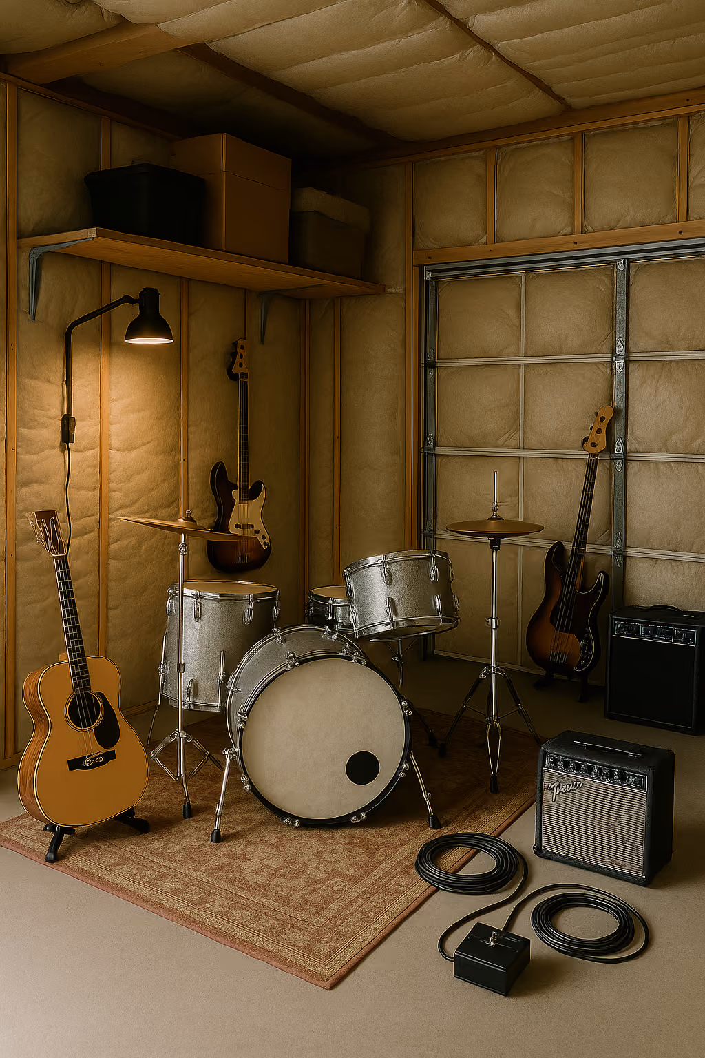 Soundproofed garage music rehearsal room with drum kit, acoustic guitar, two electric bass guitars, amplifiers, cables, and wall-mounted lamp.