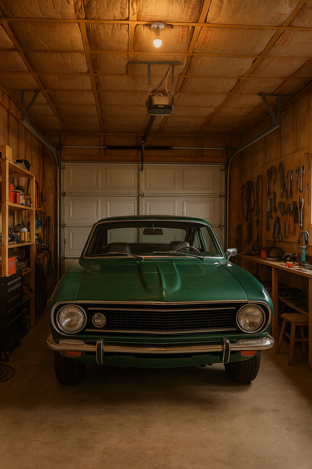 Vintage green car parked inside a garage with unfinished insulation walls and tools hanging on the wall.