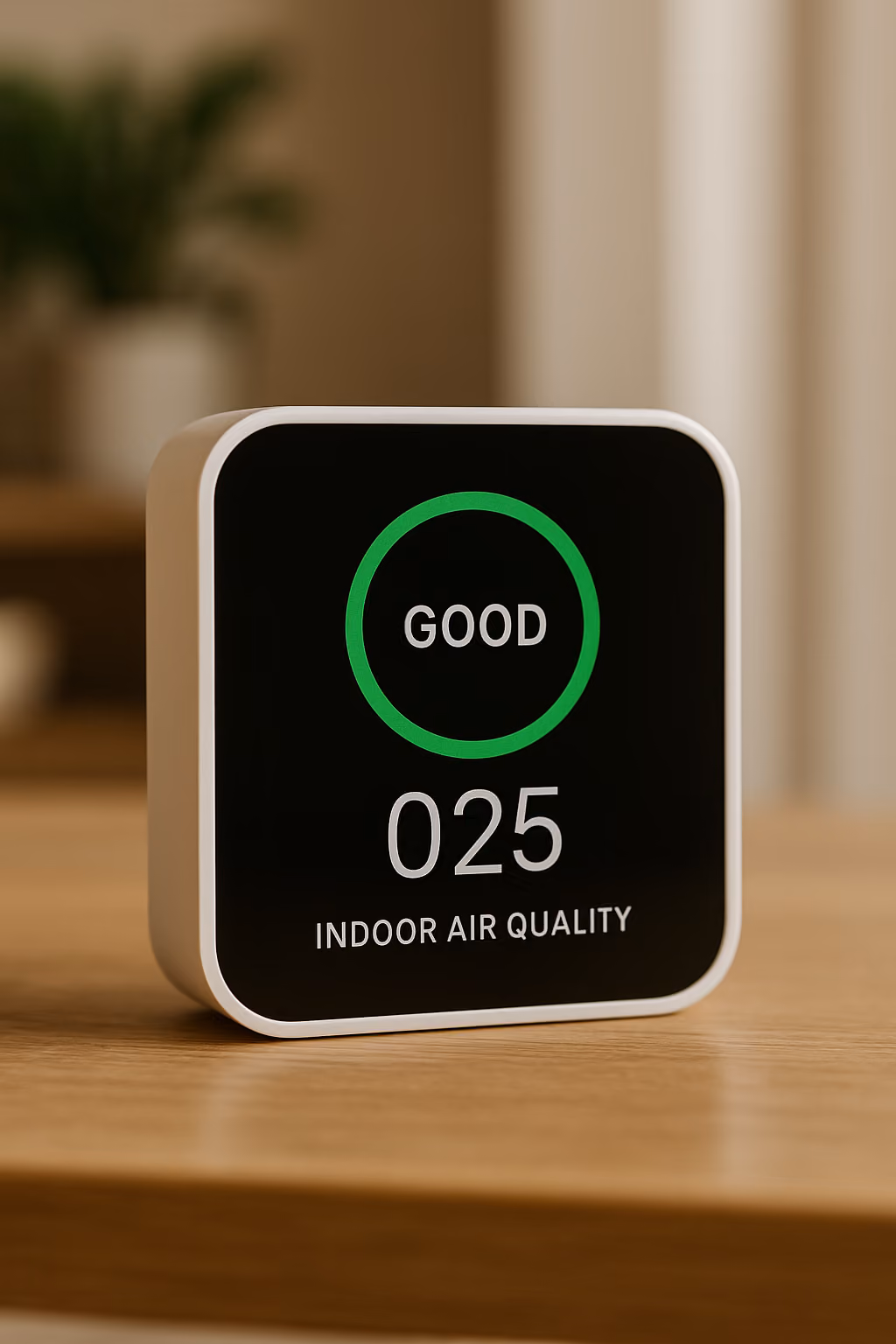 Indoor air quality monitor displaying a green circle, the word 'GOOD', and a reading of 025.
