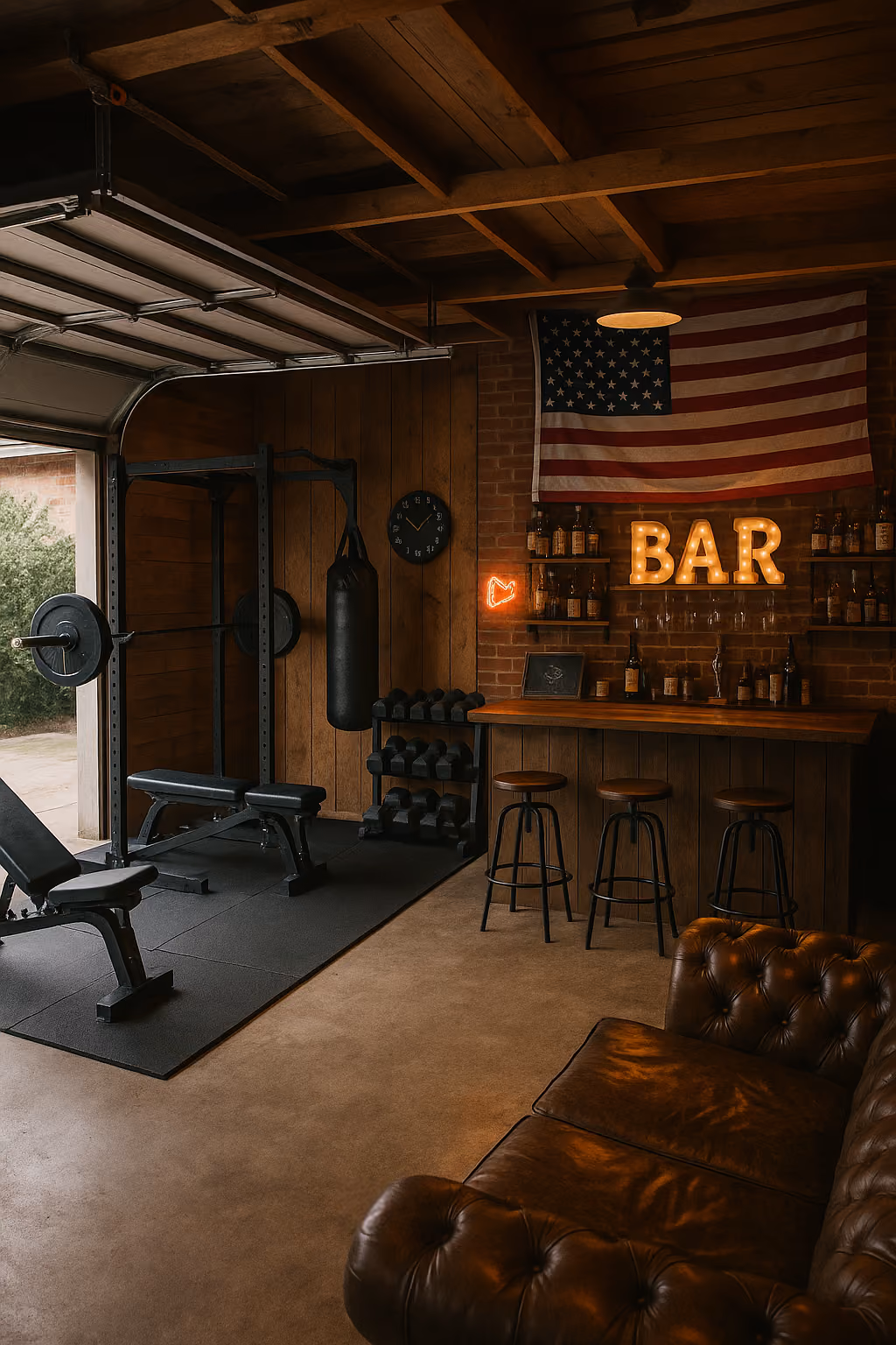 Cozy garage space with gym equipment including a weight bench and punching bag, and a bar area with stools under an American flag.