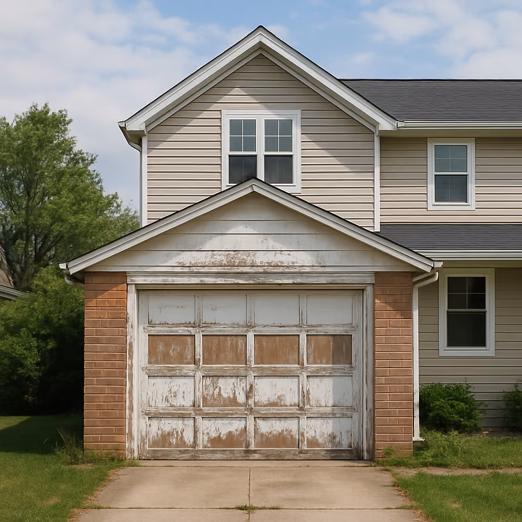 Old wooden garage door with peeling white paint attached to a beige two-story house with white-framed windows.