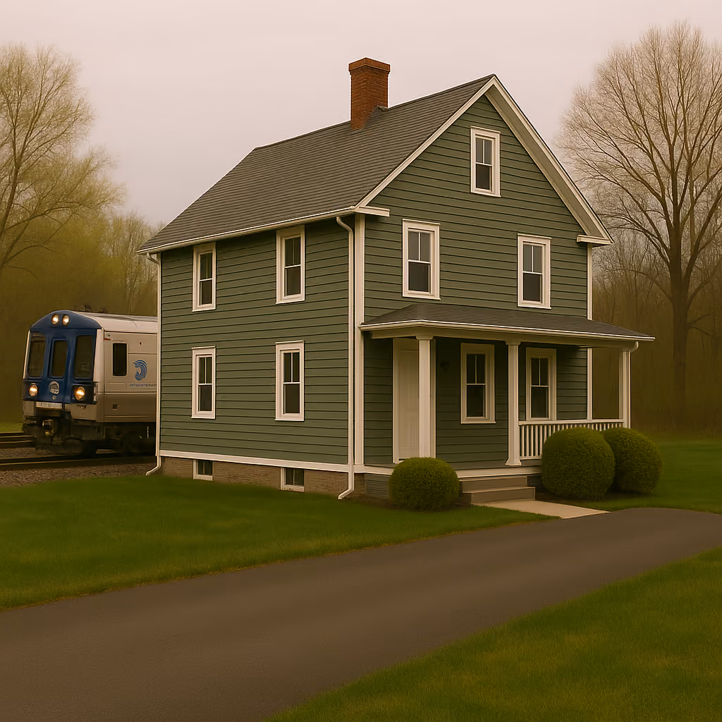 Green two-story house with a front porch beside a train moving on tracks amid trees.