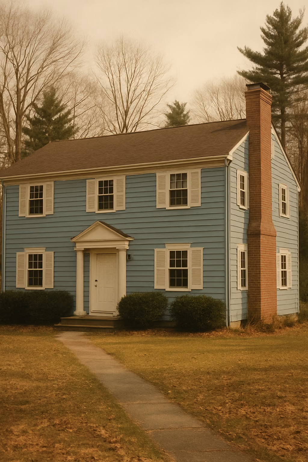 Two-story blue house with white shutters, a front porch with columns, and a brick chimney on a brownish grassy yard.