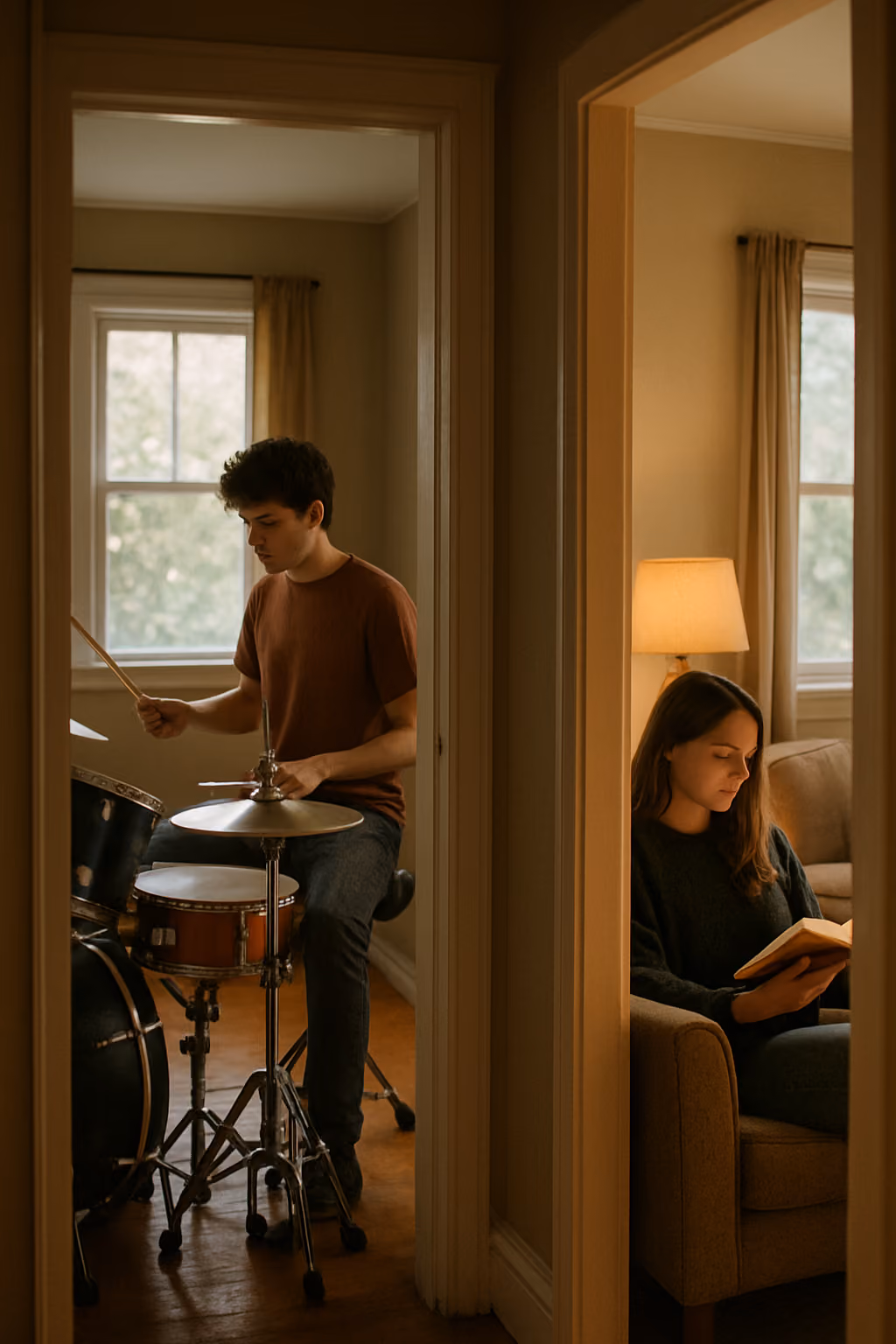 A young man playing drums in one room while a young woman reads a book on a chair in an adjacent room with a lit lamp.
