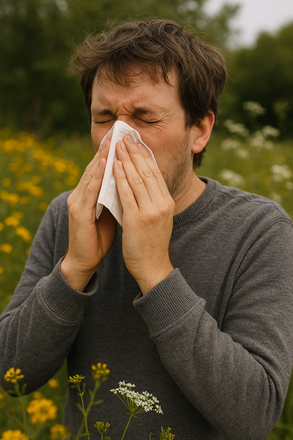 Man in gray sweater sneezing into a tissue outdoors among yellow and white wildflowers.