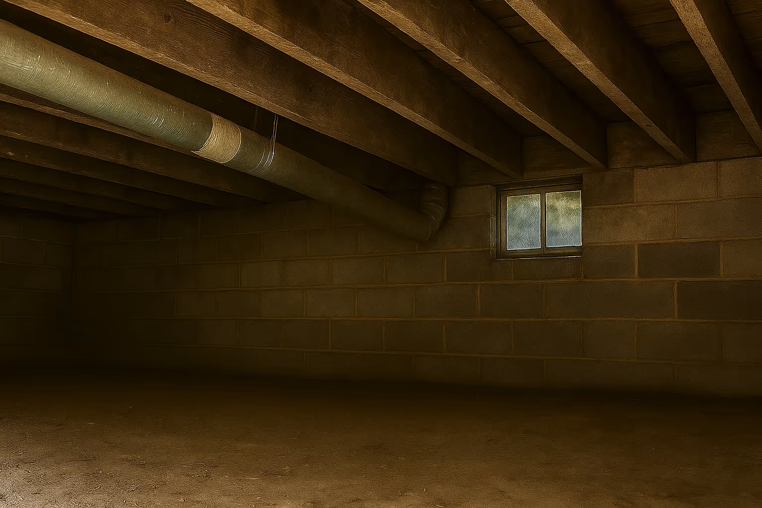 Empty dark crawl space with exposed wooden beams, concrete block walls, a small window, and ductwork running along the ceiling.