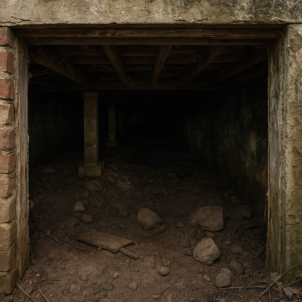 Dark, cluttered crawl space with dirt floor, scattered rocks, wooden beams overhead, and a concrete support post.