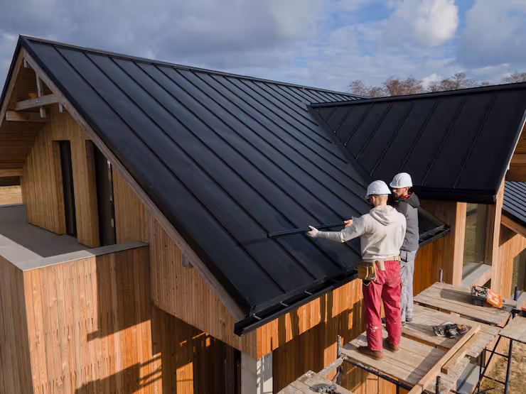 Two construction workers wearing safety helmets inspecting a large black metal roof on a wooden house.