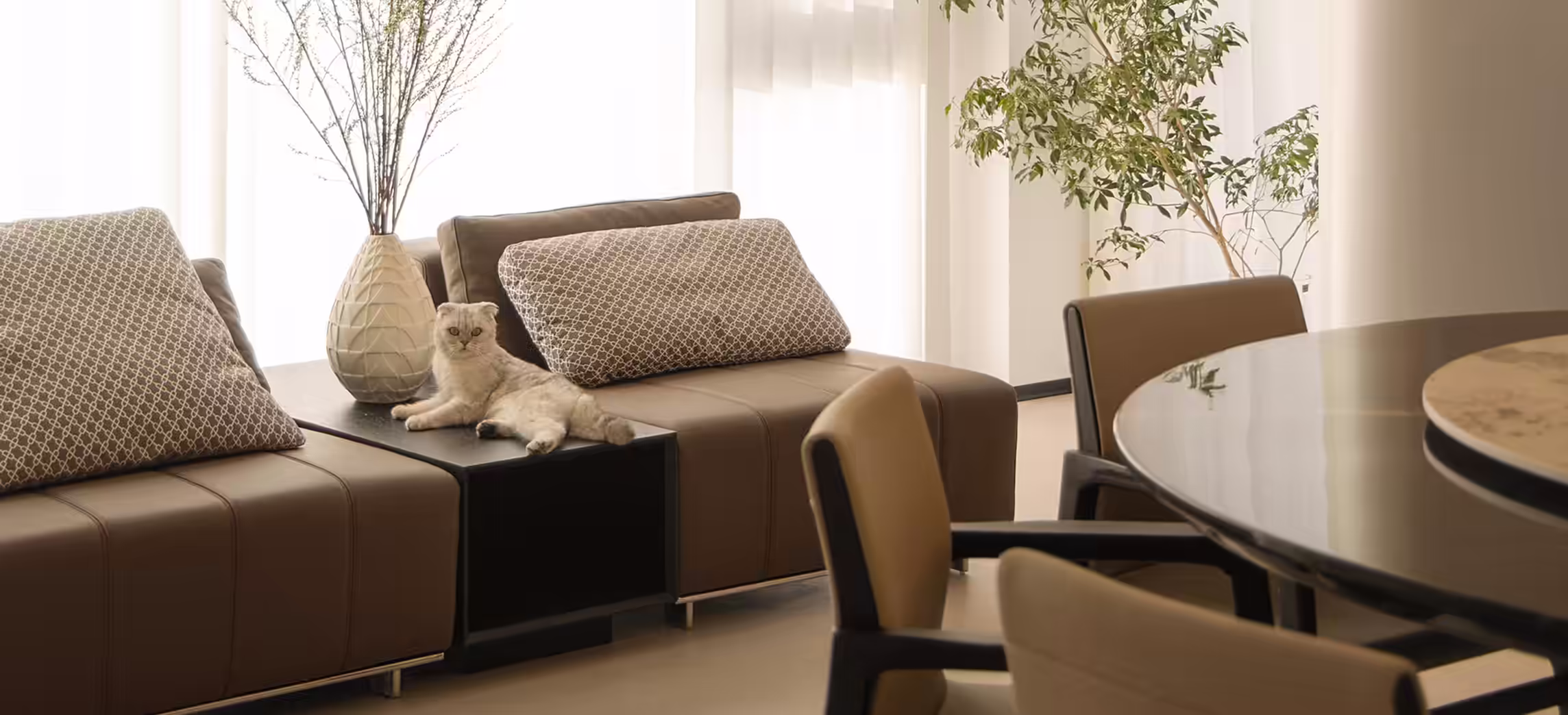 Cozy living room with brown sofas, patterned cushions, a vase with branches, a cream-colored cat lounging on a side table, and a round glass dining table with beige chairs.