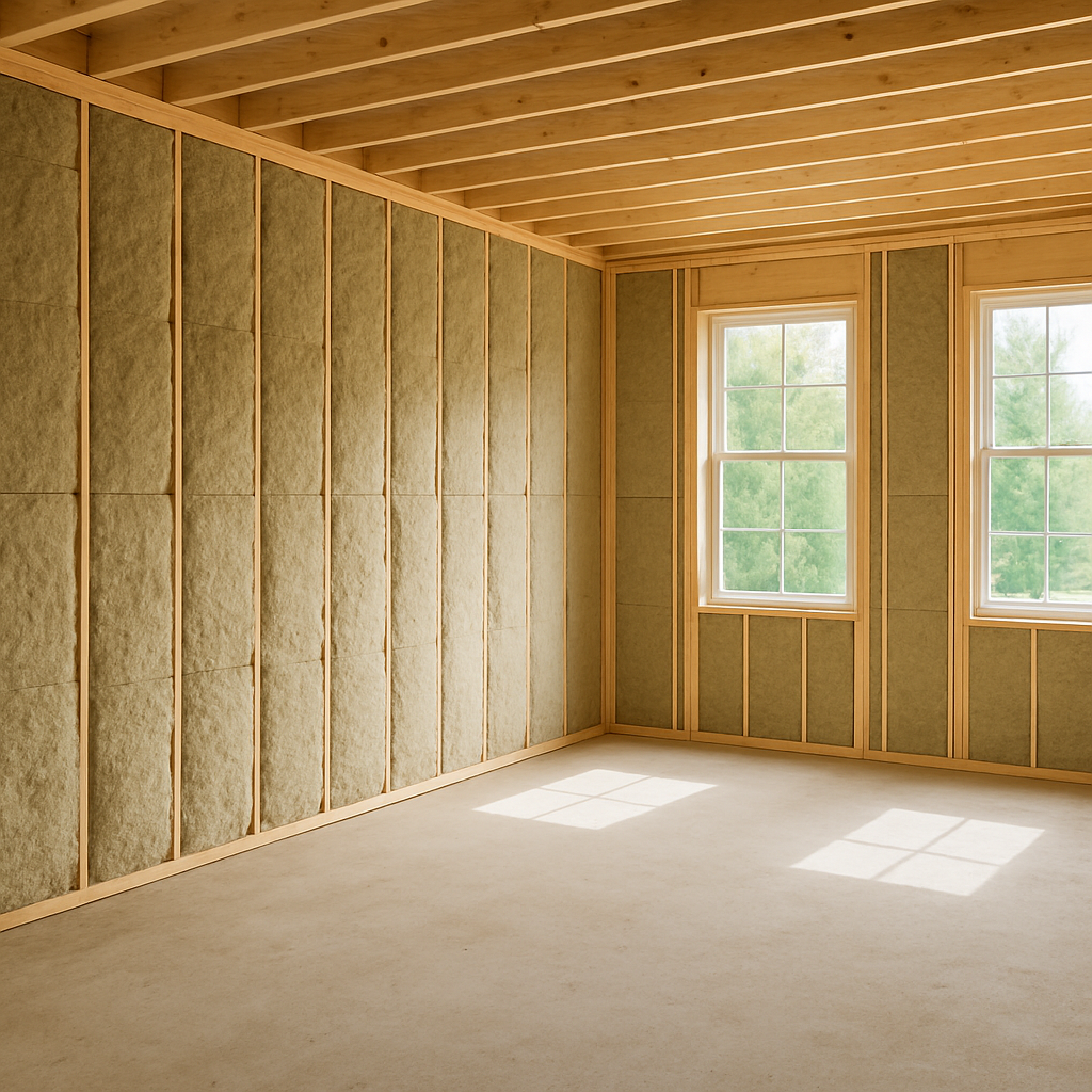 unfinished room with mineral wool insulation installed between wooden wall studs