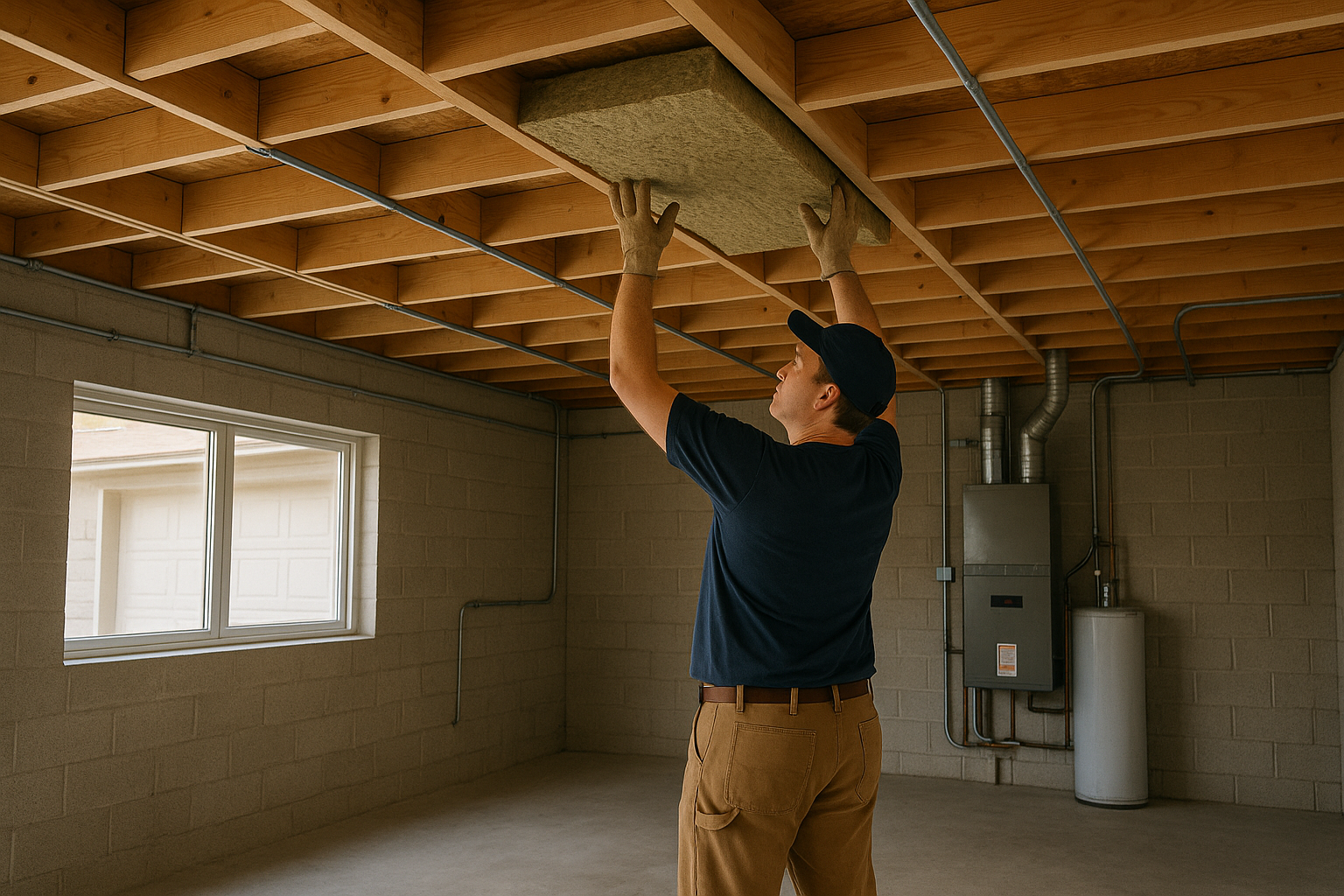 worker installing mineral wool insulation between exposed basement ceiling joists.