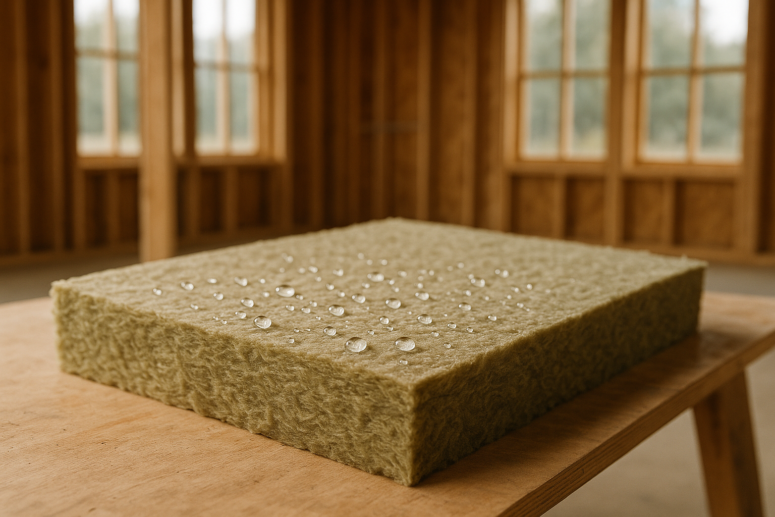 mineral wool insulation panel with water droplets demonstrating hydrophobic surface.