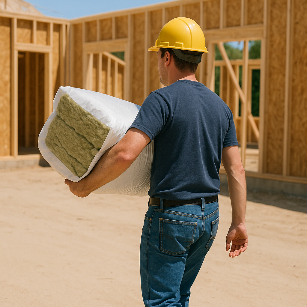 construction worker carrying a bundled pack of mineral wool insulation at a building site.