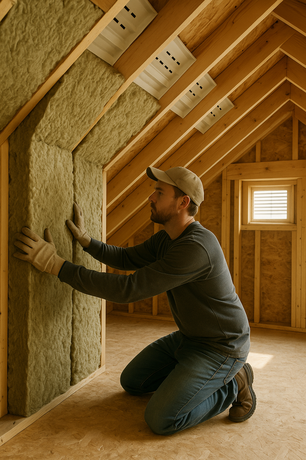worker installing mineral wool insulation batts between attic wall studs.