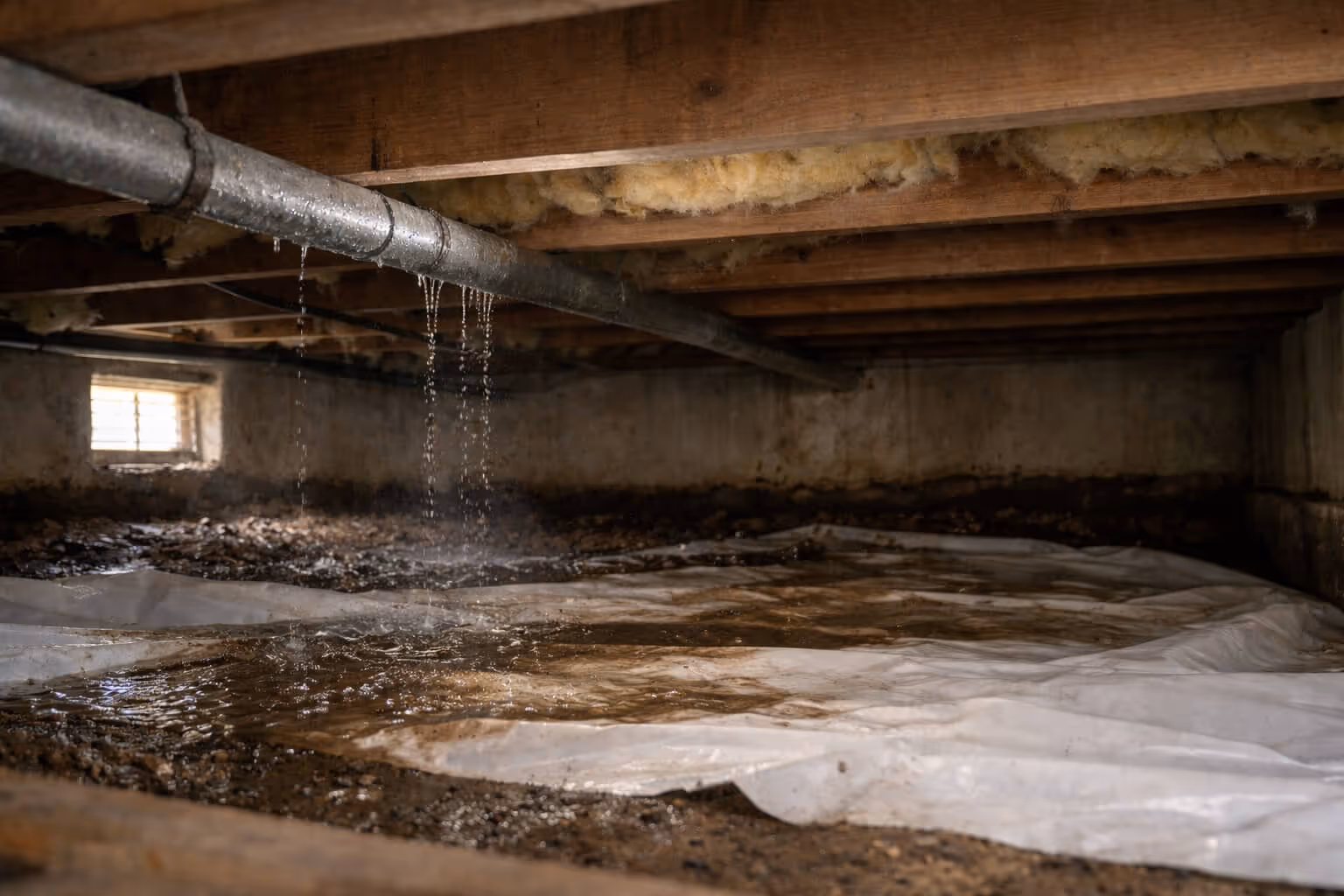 Metal pipe leaking water inside a crawl space with exposed wooden beams and wet plastic covering the dirt floor.