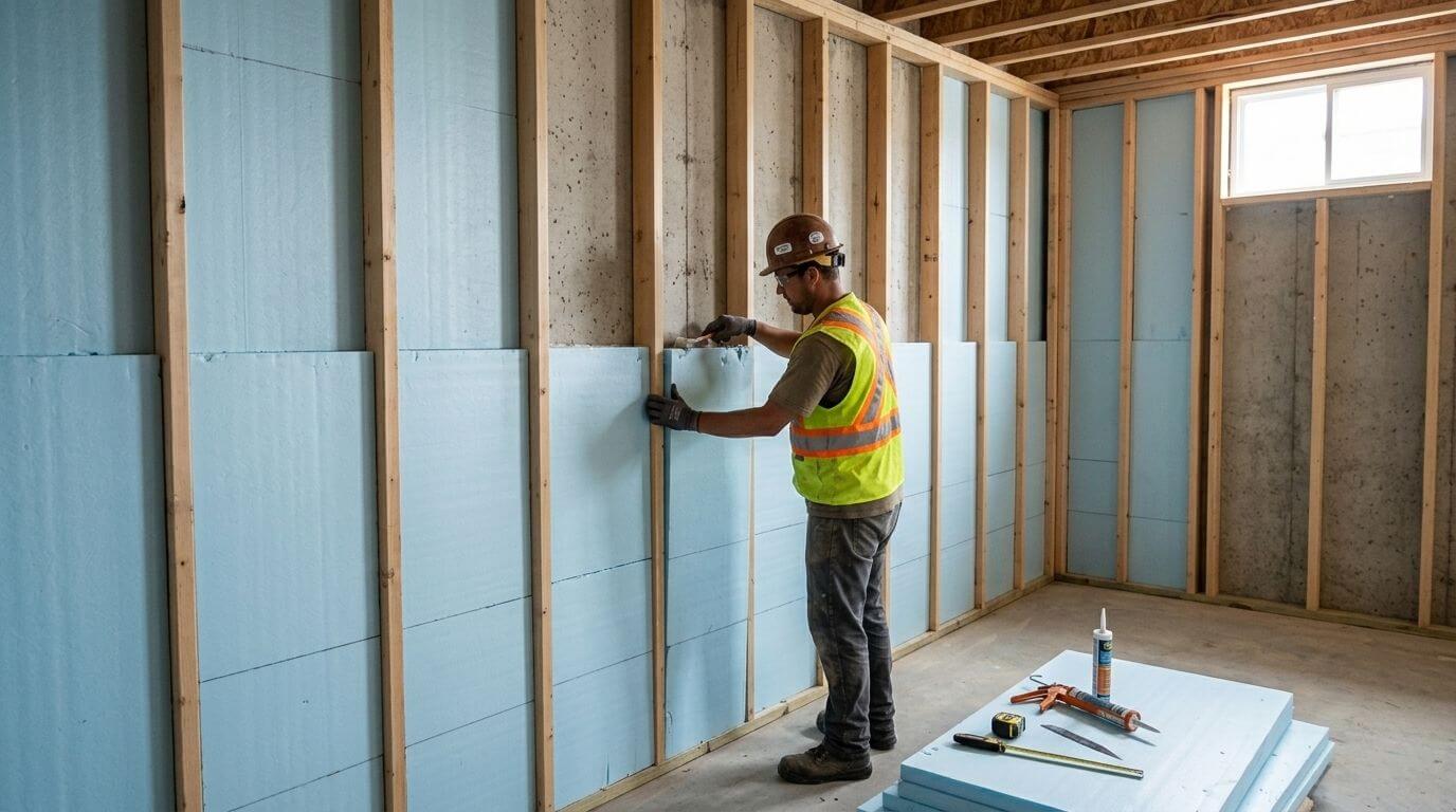 Construction worker installing rigid foam board insulation on basement wall with tools on stack of foam boards nearby.
