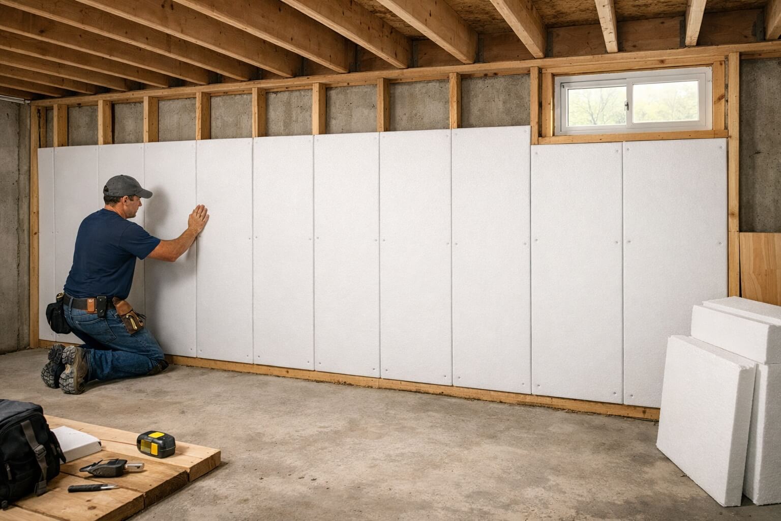 Man kneeling in a basement installing white rigid foam board insulation panels on a framed concrete wall.