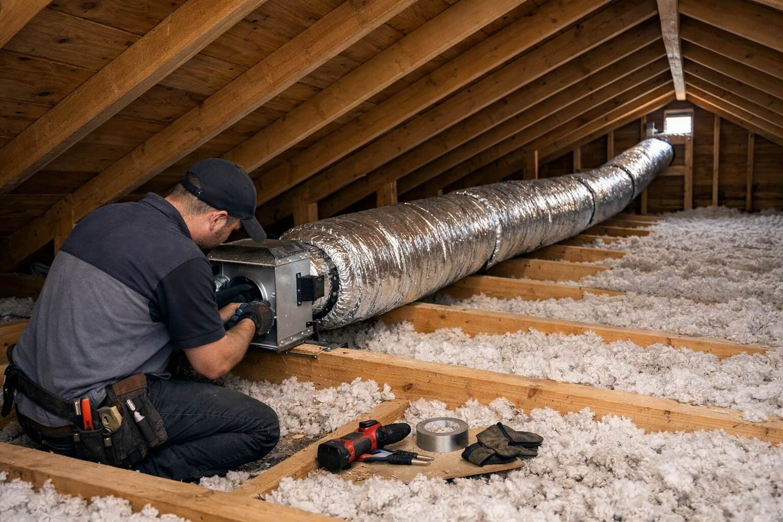 Technician installing or repairing a large insulated ventilation duct in a wooden attic with blown-in insulation.