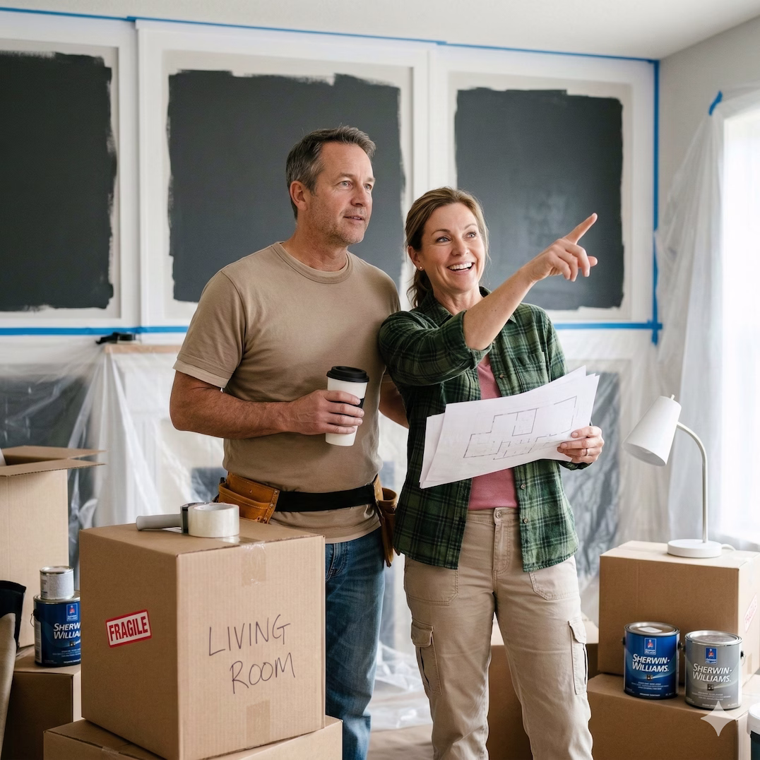 A smiling couple stands in a room under renovation with paint samples on the walls, holding floor plans and surrounded by moving boxes labeled 'Living Room' and paint cans.
