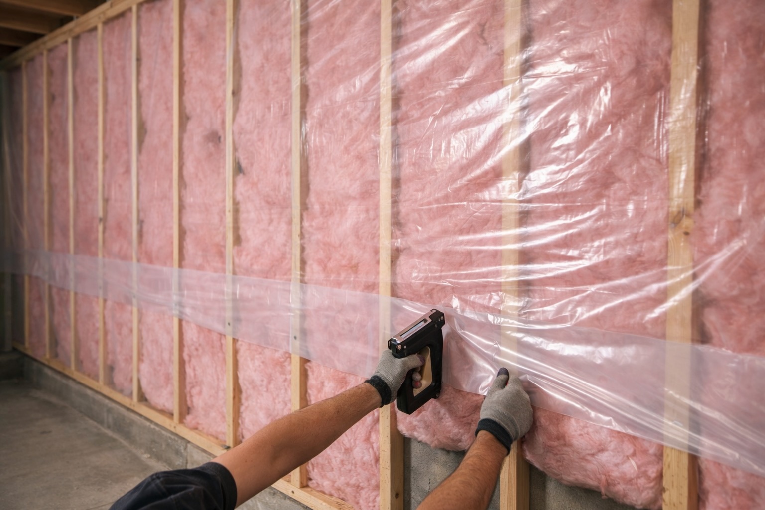 Person installing a plastic vapor barrier over pink fiberglass insulation on wooden wall studs in an unfinished basement.
