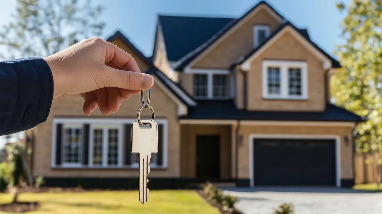 Hand holding a key in front of a newly purchased two-story house with a garage.