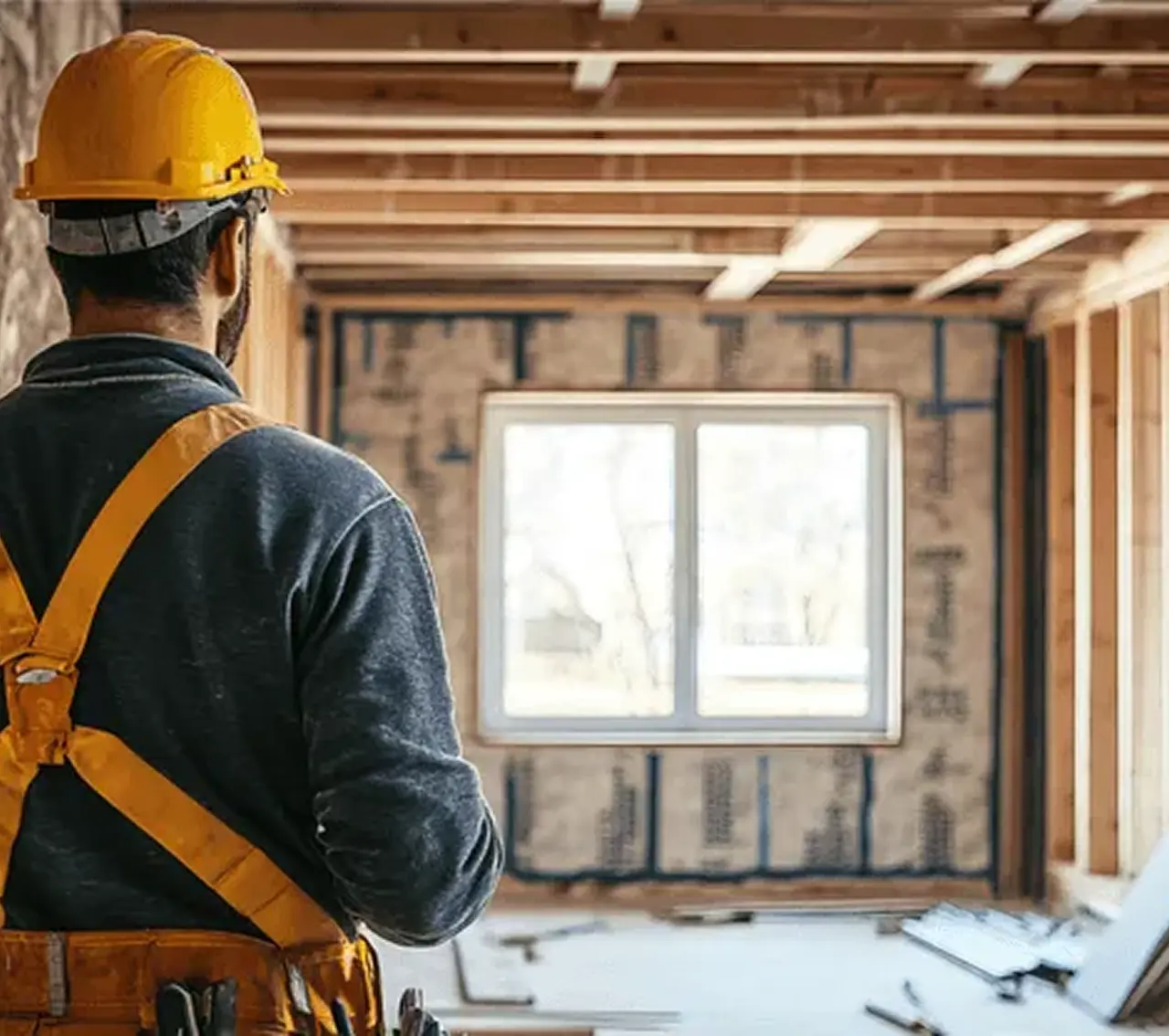 Construction worker wearing a yellow hard hat and harness views an unfinished room under construction.
