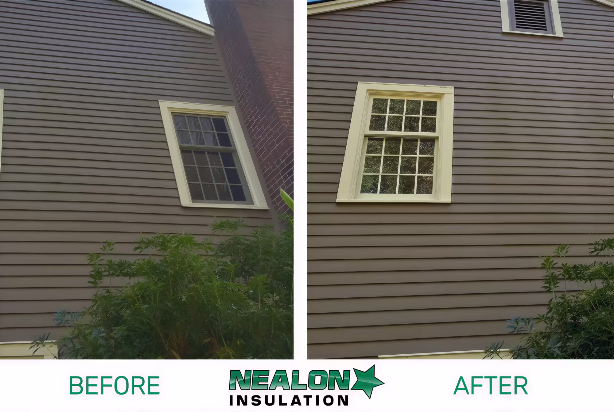 Side-by-side before and after images of a house window and siding with improved appearance after insulation.