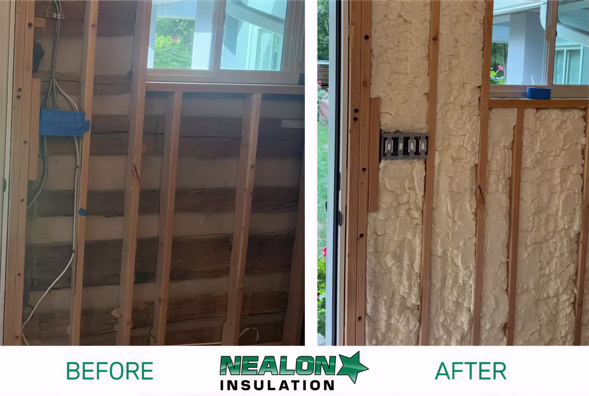 Side-by-side of wall before and after spray foam insulation installation near a window.