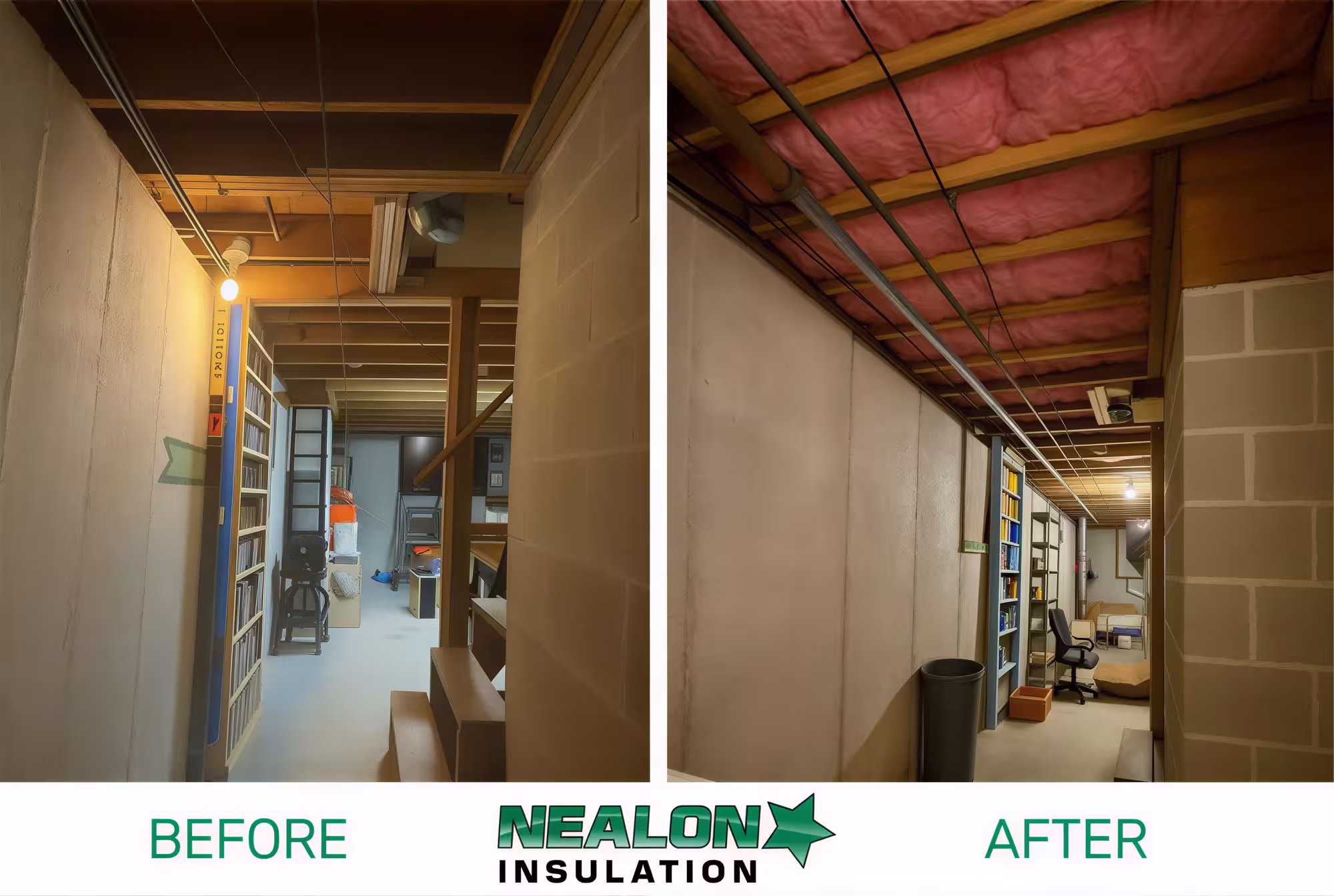 Basement hallway before and after installation of pink insulation on the ceiling and organized shelving.