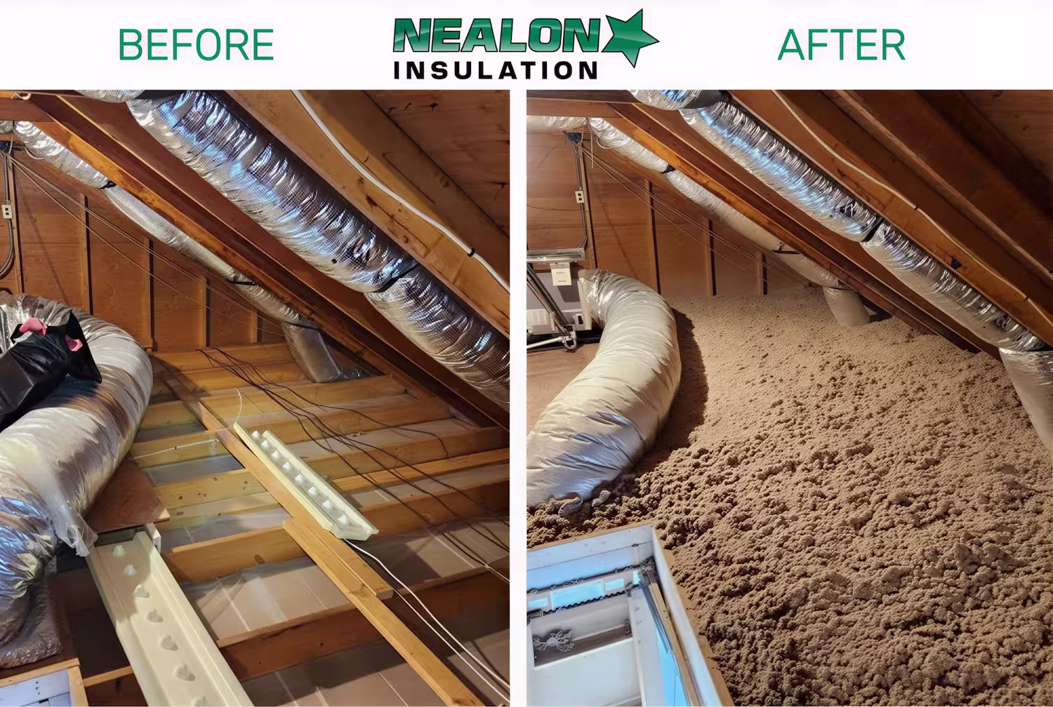Attic before and after Nealon insulation showing exposed floor boards then covered with loose insulation.