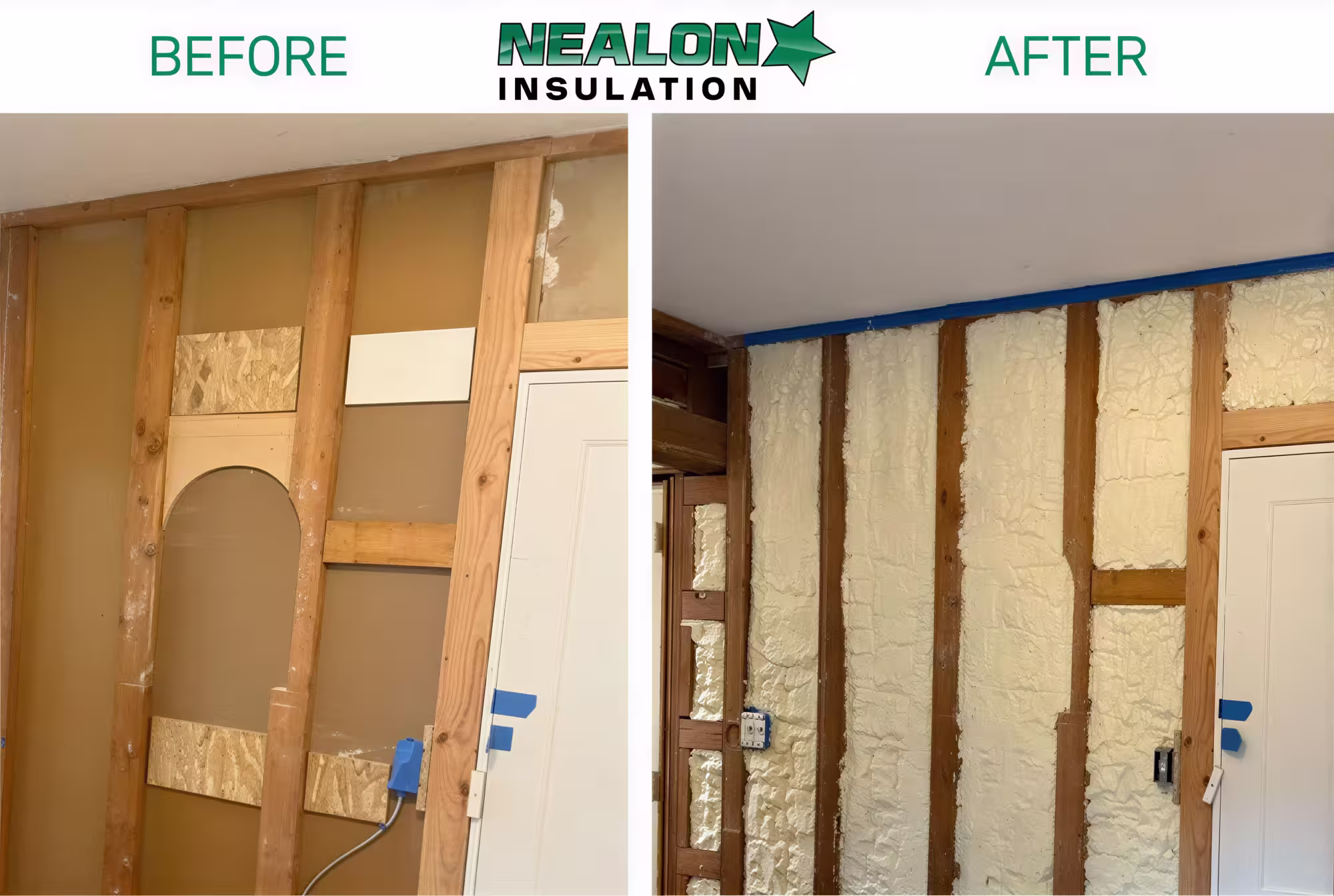 Before and after photo of a wall showing wooden framing and new foam insulation added.