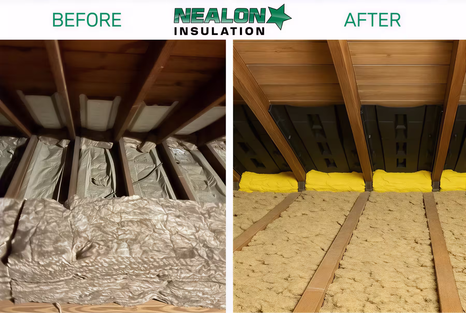 Before and after comparison of attic insulation showing older and newly installed insulation under wooden beams.