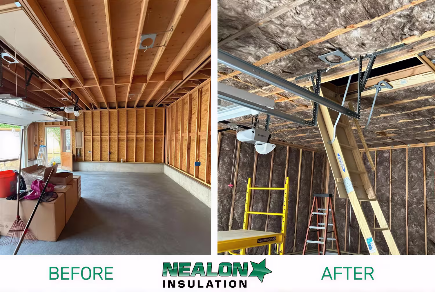Side-by-side garage views: left before with exposed wood studs, right after with insulation installed.