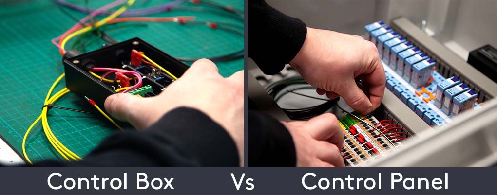Close-up comparison of a compact electrical control box and a larger bespoke control panel. The image illustrates the difference in complexity, wiring, and functionality between basic control boxes and fully custom-built control panels by Tec-Stop for industrial automation and process control in the UK.