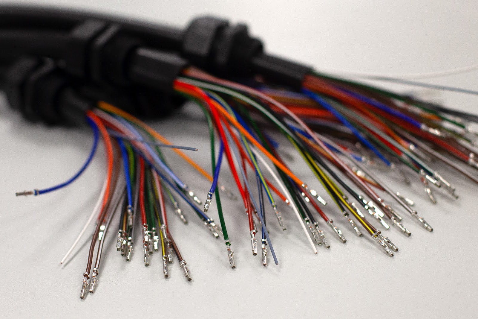 Branched wiring loom showing multiple terminations and organised routing within an OEM system