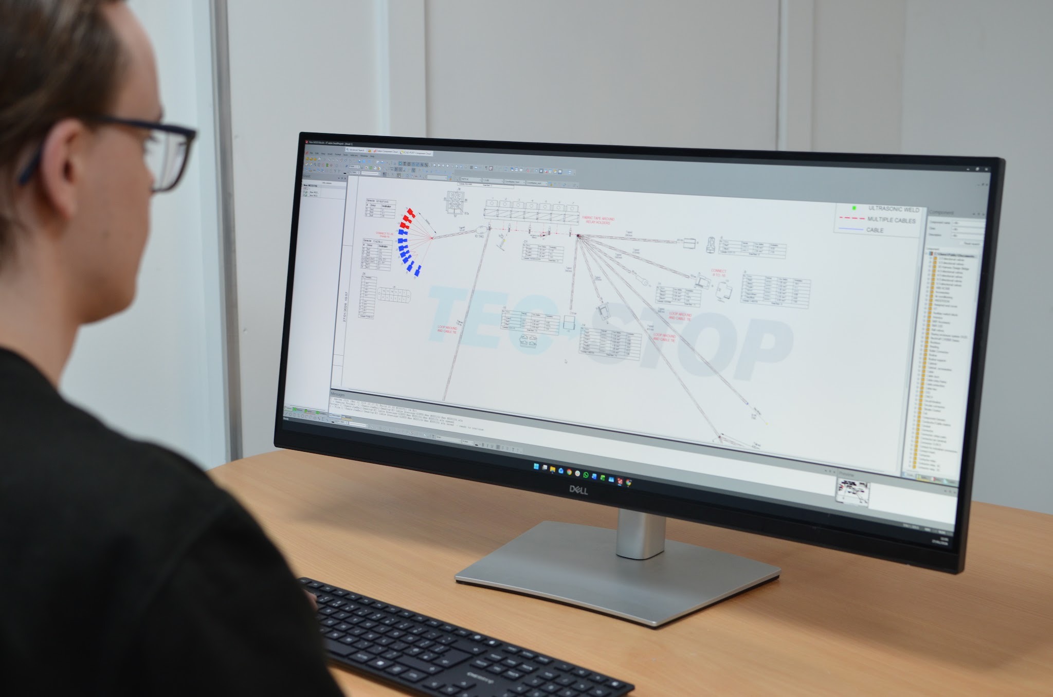 Wiring harness design schematic created in CAD software showing routing, connectors and circuit layout
