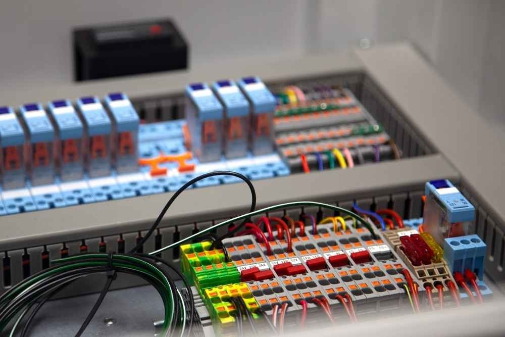 Wired control panel with relays, terminals and electrical components